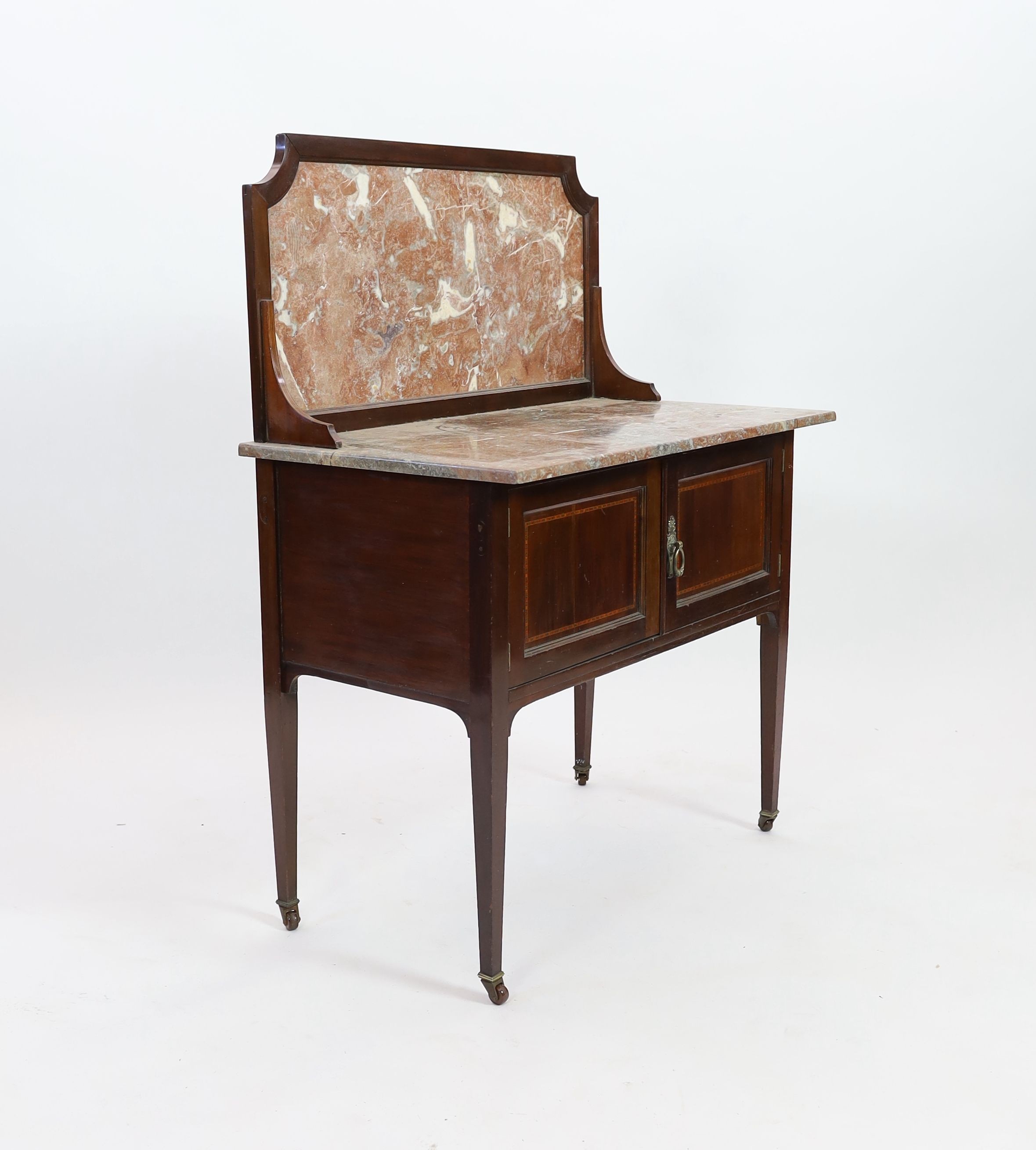 An Edwardian satinwood banded marble topped mahogany wash stand, width 91cm depth 51cm height 123cm